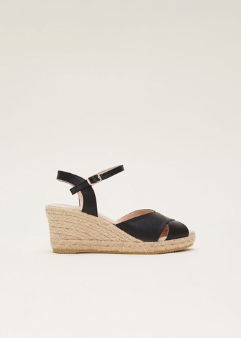 Phase Eight Leather Cross Front Espadrilles Heels Black Australia | ZH3856974